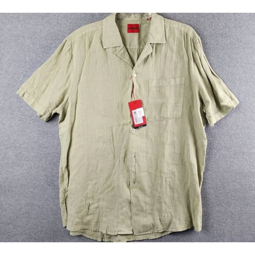 HUGO BOSS Ellino Linen Short Sleeve Camp Shirt Men's XL Open Green Collared